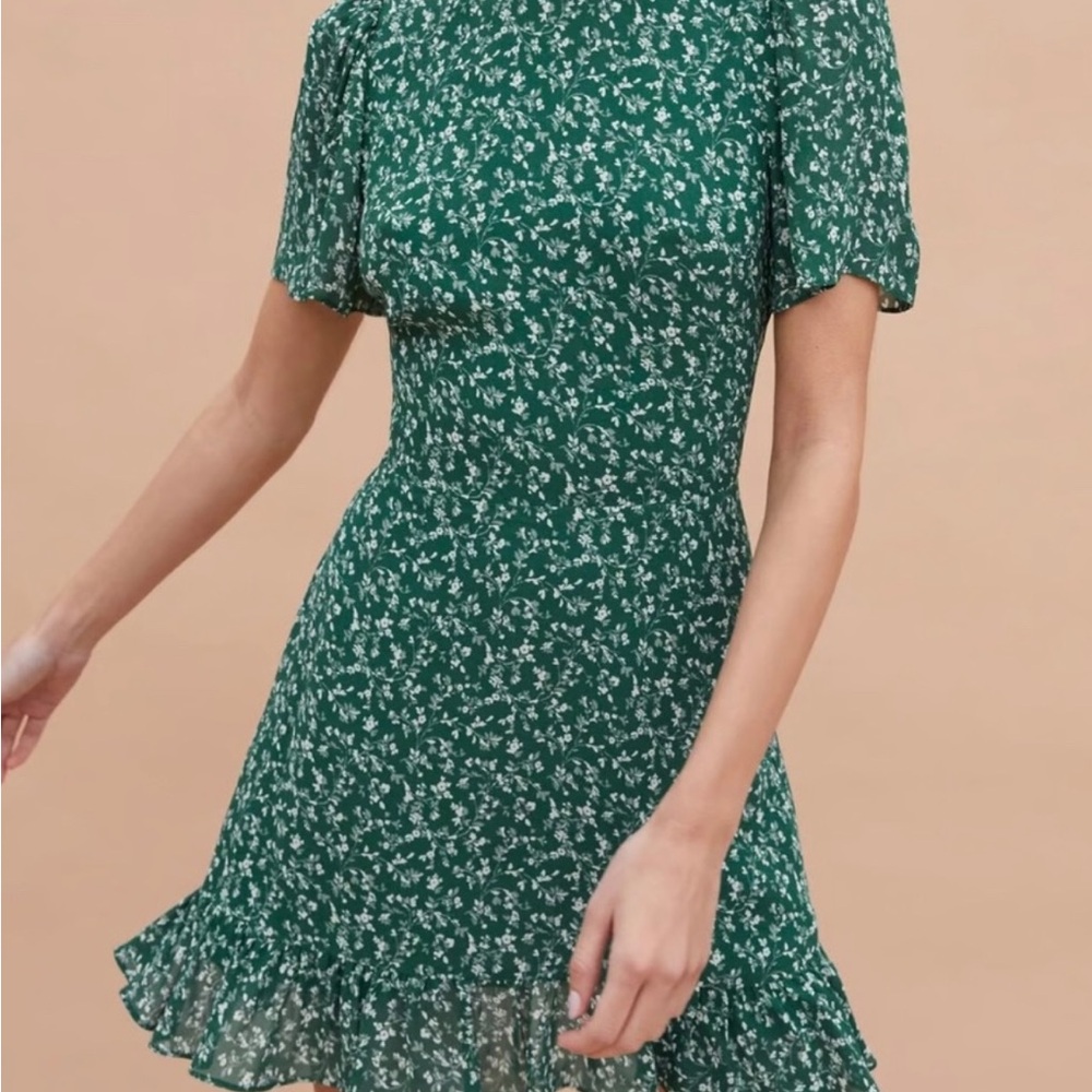 Reformation Green Ruffled Mini Dress with Puff Sleeves